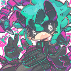 Rule 34 | 1girl, absurdres, alter (apex legends), animification, apex legends, aqua hair, black bodysuit, black gloves, black sclera, bodysuit, breasts, colored sclera, fewer digits, gloves, grey eyes, highres, jrpencil, large breasts, looking at viewer, mechanical tail, open mouth, portrait, solo, tail, thick eyebrows, v-shaped eyebrows, white background