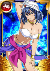 Rule 34 | 00s, 1girl, bare shoulders, bashoku youjou, blue hair, blush, breasts, card (medium), cleavage, female focus, hair ornament, ikkitousen, large breasts, leaning forward, looking at viewer, purple eyes, short twintails, smile, solo, standing, twintails