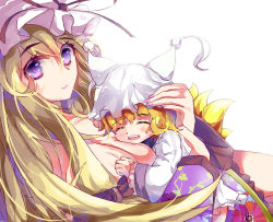 Rule 34 | 2girls, animal ears, bad deviantart id, bad id, blizzomos, blonde hair, blush, bow, breasts, child, cleavage, closed eyes, fox ears, fox tail, hair bow, hat, hat ribbon, highres, large breasts, long hair, long sleeves, looking at viewer, mob cap, multiple girls, multiple tails, open mouth, purple eyes, ribbon, short hair, simple background, smile, tail, touhou, white background, wide sleeves, yakumo ran, yakumo yukari, aged down