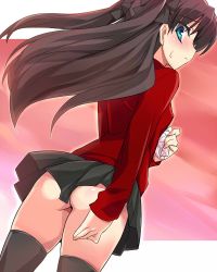 Rule 34 | 1girl, ass, bad id, black hair, black thighhighs, blue eyes, blush, eeeeee, fate/stay night, fate (series), female focus, from behind, holding, holding clothes, holding panties, holding underwear, jpeg artifacts, long sleeves, looking back, miniskirt, no panties, panties, unworn panties, skirt, solo, sweatdrop, thighhighs, thighs, tohsaka rin, twintails, two side up, underwear, white panties
