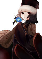 Rule 34 | 1girl, absurdres, black eyes, fate/grand order, fate (series), flower, grey hair, hat, highres, holding, holding flower, izanaware game, japanese clothes, kimono, morning glory, obi, sash, sen no rikyu (fate), white background, wide sleeves
