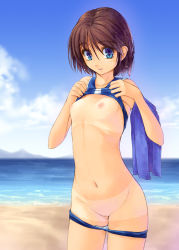 Rule 34 | 1girl, bad id, bad pixiv id, beach, bikini, bikini pull, bikini tan, bikini top lift, blue bikini, blue eyes, breasts, brown hair, clothes lift, clothes pull, cloud, day, flat chest, kirishima satoshi, lifting own clothes, looking at viewer, navel, nipples, ocean, one-piece swimsuit pull, original, outdoors, panties, panty pull, pussy, shirt lift, short hair, sky, small breasts, solo, sports bikini, swimsuit, tan, tanline, towel, uncensored, underwear, undressing, wet, wet hair