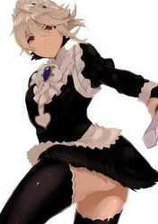Rule 34 | 1boy, alternate costume, black dress, black thighhighs, brooch, collar, corrin (fire emblem), corrin (male) (fire emblem), cosplay, crossdressing, dagger, dress, eyebrows, eyebrows hidden by hair, felicia (fire emblem), felicia (fire emblem) (cosplay), fire emblem, fire emblem fates, frilled collar, frills, hair between eyes, highres, holding, holding dagger, holding knife, holding weapon, jewelry, juliet sleeves, knife, long sleeves, maid headdress, male focus, nintendo, parted lips, pointy ears, puffy long sleeves, puffy sleeves, red eyes, silver hair, simple background, solo, thighhighs, trap, v-shaped eyebrows, w (1999 kyu), weapon, white background