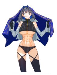 Rule 34 | 1girl, abs, bare shoulders, black gloves, black hair, black panties, black shirt, black thighhighs, blue bow, blue cape, blue eyes, blue hair, bow, bow earrings, breasts, cape, chain, chain headband, colored inner hair, crop top, detached sleeves, earrings, fangs, gloves, hair between eyes, hair intakes, highres, holding, holding cape, holding clothes, hololive, hololive english, jewelry, large breasts, long sleeves, looking at viewer, multicolored hair, navel, ouro kronii, ouro kronii (1st costume), panties, shirt, short hair, sidelocks, simple background, skin fangs, sleeveless, sleeveless shirt, sleeveless turtleneck, solo, stomach, thighhighs, toned, turtleneck, two-tone hair, underboob, underwear, veil, virtual youtuber, white background, yuutomeh