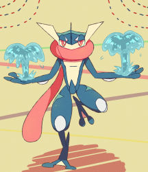 Rule 34 | creatures (company), full body, game freak, gen 6 pokemon, greninja, half-closed eyes, hands up, leg up, long tongue, looking at viewer, nintendo, no humans, pokemon, pokemon (creature), red eyes, shiwo (siwosi), solo, standing, standing on one leg, straight-on, super smash bros., tongue, tongue out, water