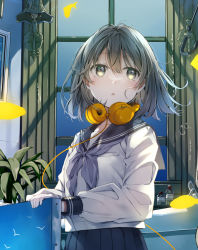 Rule 34 | 1girl, :o, air bubble, animal, black sailor collar, black skirt, blush, bubble, collarbone, commentary request, fish, grey eyes, grey hair, grey neckerchief, hair between eyes, headphones, headphones around neck, indoors, long sleeves, looking away, looking to the side, natsume eri, neckerchief, original, painting (object), parted lips, plant, pleated skirt, puffy long sleeves, puffy sleeves, sailor collar, school uniform, serafuku, short hair, skirt, solo, wall lamp, window