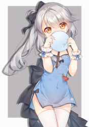 Rule 34 | 1girl, bare shoulders, black bow, blue dress, blush, bow, breasts, brown eyes, commentary request, covered mouth, covered navel, dress, fingernails, grey background, hair between eyes, hands up, head tilt, holding, long hair, looking at viewer, ning hai (warship girls r), nose blush, side ponytail, sidelocks, silver hair, sleeveless, sleeveless dress, small breasts, solo, tengxiang lingnai, thighhighs, two-tone background, very long hair, warship girls r, white background, white thighhighs, wrist cuffs