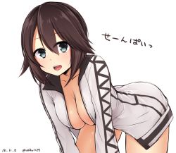 Rule 34 | 10s, 1girl, bent over, black hair, breasts, cleavage, collarbone, female focus, grey eyes, hanging breasts, hayasui (kancolle), highres, hoshimiya aki, jacket, kantai collection, large breasts, leaning forward, long sleeves, looking at viewer, open mouth, short hair, simple background, sketch, smile, solo, track jacket, translation request, twitter username, white background
