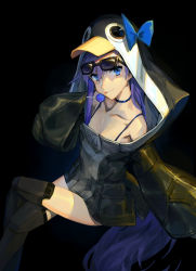 Rule 34 | 1girl, :p, animal costume, animal hood, black background, blue bow, blue eyes, bow, bra strap, candy, choker, collarbone, ecien, eyewear on head, fate/grand order, fate (series), food, hair bow, highres, hood, hood up, hoodie, lollipop, long hair, meltryllis, meltryllis (fate), meltryllis (swimsuit lancer) (fate), meltryllis (swimsuit lancer) (first ascension) (fate), oversized clothes, prosthesis, prosthetic leg, purple hair, simple background, sleeves past wrists, solo, sunglasses, tongue, tongue out