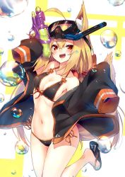 Rule 34 | 1girl, animal ear fluff, animal ears, bikini, black bikini, blonde hair, blush, bow, breasts, collarbone, commentary, cowboy shot, flip-flops, fox ears, fox tail, holding, jacket, long hair, looking at viewer, medium breasts, open clothes, open jacket, open mouth, original, red bow, red eyes, rozea (graphmelt), sandals, sleeves past wrists, snorkel, standing, standing on one leg, swimsuit, tail, water gun