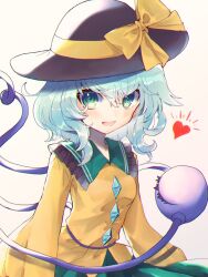 Rule 34 | 1girl, black hat, blush, bow, breasts, buttons, collar, commentary, diamond button, eyelashes, frilled collar, frills, green eyes, green hair, green sailor collar, green skirt, hat, hat bow, heart, heart of string, highres, komeiji koishi, long sleeves, looking at viewer, medium hair, notice lines, open mouth, sailor collar, shirt, simple background, skirt, small breasts, smile, solo, third eye, touhou, tsukikusa, upper body, white background, wide sleeves, yellow bow, yellow shirt