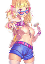 Rule 34 | 1girl, aiming, aiming at viewer, backpack, bag, belt, blonde hair, blue-framed eyewear, blunt bangs, bow, breasts, candy, character request, choker, denim, denim shorts, earrings, eyelashes, fiodo, food, gem, glasses, gun, hair bow, hair ribbon, highres, holding, holding gun, holding weapon, jewelry, key, large breasts, lollipop, long hair, looking at viewer, makeup, mascara, nail polish, nipples, open mouth, original, pendant, pink-tinted eyewear, pink bow, pink eyes, pink nails, red-framed eyewear, ribbon, ring, shorts, smoke, solo, sunglasses, thighhighs, tinted eyewear, topless, twintails, watch, weapon, white background, white thighhighs, wrist cuffs, wristwatch, yellow eyes, zettai ryouiki