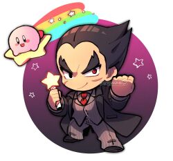 Rule 34 | 1boy, black coat, black footwear, black hair, blush stickers, chibi, chibi only, clenched hand, closed mouth, coat, facial scar, full body, grey jacket, grey pants, jacket, kirby, kirby (series), kotorai, long sleeves, looking at viewer, male focus, mishima kazuya, necktie, nintendo, no nose, open mouth, pants, rainbow, red eyes, red necktie, scar, scar on cheek, scar on face, signature, smile, star (symbol), star rod, super smash bros., tekken, thick eyebrows, v-shaped eyebrows, warp star