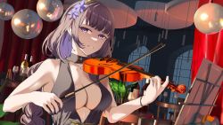 Rule 34 | 1girl, alternate costume, bare shoulders, braid, breasts, center opening, cleavage, cup, curtains, dress, drinking glass, flower, genshin impact, hair flower, hair ornament, highres, holding, holding instrument, holding violin, indoors, instrument, long hair, looking at viewer, low-braided long hair, low-tied long hair, medium breasts, mole, mole under eye, music, parted lips, playing instrument, purple dress, purple eyes, purple flower, purple hair, raiden shogun, shiben (ugvu5784), sidelocks, single braid, sleeveless, sleeveless dress, smile, solo, table, upper body, violin, wine glass