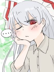 Rule 34 | 1girl, :t, arm support, artist name, blush, bow, clenched hand, collared shirt, dated, dress shirt, eyebrows, fujiwara no mokou, hair bow, long hair, nonn (alte alice), one eye closed, red eyes, shirt, silver hair, sleeves rolled up, solo, thought bubble, touhou