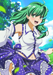 Rule 34 | 1girl, ahoge, arm up, bandages, bare shoulders, blouse, blue sky, blush, breasts, cloud, cloudy sky, collared shirt, commentary request, detached sleeves, eyes visible through hair, frills, frog hair ornament, grass, green eyes, green hair, hair between eyes, hair ornament, hair tubes, hand up, highres, kochiya sanae, leaf, long sleeves, looking to the side, medium breasts, medium hair, murasaki tsutsuji, navel, open mouth, outdoors, purple skirt, running, sarashi, shirt, skirt, sky, smile, snake hair ornament, solo, standing, teeth, tongue, touhou, tree, white shirt, wide sleeves