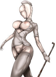 Rule 34 | 1girl, blouse, breasts, bubble head nurse, faceless, female focus, gloves, image sample, jagi (nexboy), large breasts, monster girl, nipples, nurse, open clothes, open shirt, pixiv sample, pussy, shirt, silent hill, simple background, solo, thighhighs, uncensored, white background
