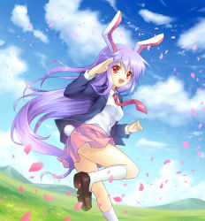 Rule 34 | 1girl, animal ears, female focus, jacket, long hair, looking back, mauve, meadow, necktie, open mouth, petals, purple hair, rabbit ears, rabbit girl, rabbit tail, red eyes, reisen udongein inaba, salute, scenery, skirt, smile, solo, standing, standing on one leg, tail, thighhighs, touhou, very long hair