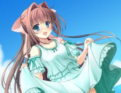 Rule 34 | 1girl, asakura otome, bare shoulders, blush, bow, breasts, brown hair, clothes lift, cloud, cloudy sky, commentary request, da capo, da capo ii, detached sleeves, dress, dress lift, dutch angle, green dress, green eyes, hair between eyes, hair bow, holding, holding clothes, holding dress, kayura yuka, long hair, looking at viewer, open mouth, pink bow, sky, small breasts, smile, solo, sundress