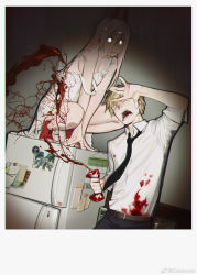Rule 34 | 1boy, 1girl, arm up, bag, bare arms, bare shoulders, belt, between legs, black necktie, black pants, blonde hair, blood, blood bag, blood on clothes, blood on face, blood splatter, border, brown belt, calendar (object), chainsaw man, clenched hand, closed eyes, collarbone, collared shirt, commentary, dark, demon horns, denji (chainsaw man), dress, dutch angle, eggplus, eyes in shadow, food in mouth, glowing, glowing eyes, hair between eyes, hand between legs, highres, holding, holding bag, horns, indoors, long hair, looking at viewer, magnet, mouth hold, necktie, nightgown, no panties, open mouth, pants, photo (object), pink hair, polaroid, power (chainsaw man), red horns, red socks, refrigerator, refrigerator magnet, sharp teeth, shirt, short hair, sleeves rolled up, socks, spotlight, squatting, squeezing, standing, sticker, sticky note, strap slip, symbol-only commentary, teeth, toeless legwear, weibo logo, weibo watermark, white border, white dress, white eyes, white shirt, wince