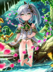 Rule 34 | 1girl, bare shoulders, barefoot, blue flower, blurry, blurry foreground, blush, commentary request, cross-shaped pupils, day, depth of field, dress, feet, flower, forest, genshin impact, green eyes, green hair, grey hair, hair between eyes, hair ornament, looking at viewer, multicolored hair, mushroom, nahida (genshin impact), nature, outdoors, parted lips, petals, pointy ears, safue (user epnc3857), side ponytail, sleeveless, sleeveless dress, smile, soles, solo, streaked hair, symbol-shaped pupils, toes, water, white dress