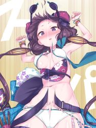 Rule 34 | 1girl, absurdres, armpits, arms up, assisted exposure, bare arms, bare shoulders, bikini, blush, bouncing breasts, breasts, bright pupils, brown hair, commentary request, embarrassed, esoragoto, fate/grand order, fate (series), floating hair, goggles, goggles on head, highres, katsushika hokusai (fate), katsushika hokusai (swimsuit saber) (fate), long hair, looking at viewer, navel, nose blush, parted lips, purple eyes, small breasts, smile, solo, stomach, swimsuit, tearing up, thigh strap, torn bikini, torn clothes, torn swimsuit, unaligned breasts, upper body, very long hair, white bikini, white pupils