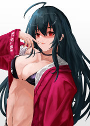 Rule 34 | 1girl, absurdres, ahoge, aokuma (yuuran create), azur lane, bikini, black bikini, black hair, breasts, cleavage, collarbone, copyright name, eyewear on head, finger to mouth, highres, jacket, large breasts, licking, licking finger, long hair, looking at viewer, navel, official alternate costume, open clothes, open jacket, race queen, red eyes, red jacket, solo, stomach, swimsuit, taihou (azur lane), taihou (enraptured companion) (azur lane), white background