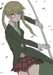 Rule 34 | 1girl, blonde hair, closed mouth, gloves, green eyes, green necktie, highres, holding, holding polearm, holding weapon, kapuhedo (caplico 77), long hair, long sleeves, maka albarn, necktie, plaid, plaid skirt, pleated skirt, polearm, red skirt, school uniform, simple background, skirt, solo, soul eater, striped necktie, twintails, weapon, white background, white gloves