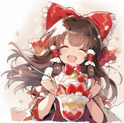 Rule 34 | 1girl, asakura maru, bow, brown hair, detached sleeves, food, fruit, hair bow, hakurei reimu, happy, ice cream, large bow, multiple hair bows, nontraditional miko, red bow, solo, spoon, strawberry, sundae, touhou, whipped cream, white background, white sleeves