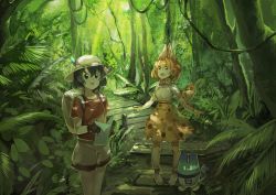 Rule 34 | 10s, 2girls, :d, animal ears, animal print, backpack, bag, black eyes, black gloves, black hair, blonde hair, bow, bowtie, bucket hat, bush, cat ears, collarbone, dappled sunlight, day, elbow gloves, fern, forest, gloves, glowing, glowing eyes, hair between eyes, hat, hat feather, high heels, holding, jungle, kaban (kemono friends), kemono friends, koruse, leopard print, light rays, looking away, looking up, lucky beast (kemono friends), map, multiple girls, nature, open mouth, outdoors, path, pigeon-toed, plant, red shirt, road, scenery, serval (kemono friends), serval print, serval tail, shirt, short hair, short sleeves, shorts, sketch, smile, standing, sunlight, t-shirt, tail, tree, vines