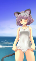 Rule 34 | 1girl, animal ears, bad id, bad pixiv id, blue sky, blush, day, female focus, grey hair, mouse ears, mouse tail, nazrin, nise nanatsura, one-piece swimsuit, open mouth, red eyes, school swimsuit, short hair, sky, solo, swimsuit, tail, touhou, water, white one-piece swimsuit