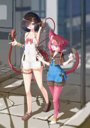 Rule 34 | 2girls, animal ears, black hair, blue dress, blue eyes, bow, breasts, brown capelet, brown footwear, capelet, cat ears, cat girl, cat tail, covered navel, digitigrade, dress, flat chest, glasses, hair ornament, hair over one eye, hairclip, height difference, highres, hood, kearful, multiple bracelets, multiple girls, original, pink bow, pink fur, pom pom (clothes), short dress, short hair, short hair with long locks, short shorts, shorts, side slit, small breasts, tail, tentacles, test tube, thigh strap, whiskers, white dress