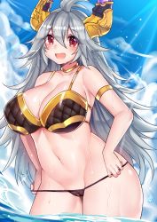 Rule 34 | 10s, 1girl, ahoge, bad proportions, bare shoulders, bikini, black bikini, blush, breasts, cameltoe, cleavage, cloud, curvy, day, draph, fang, granblue fantasy, horns, large breasts, long hair, looking at viewer, navel, open mouth, osiimi, osiimi, red eyes, silver hair, sky, smile, solo, sunlight, swimsuit, threo (granblue fantasy), thighs, very long hair, wading, water, wet, wide hips