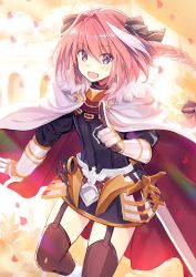 Rule 34 | 1boy, :d, androgynous, astolfo (fate), black bow, black dress, black thighhighs, bow, braid, braided ponytail, dress, fate/apocrypha, fate (series), floating hair, garter straps, gauntlets, hair between eyes, hair bow, leg up, long hair, looking at viewer, male focus, open mouth, petals, pink hair, ponytail, purple eyes, sheath, sheathed, short dress, single braid, smile, solo, standing, standing on one leg, thighhighs, trap, very long hair, yashiro seika