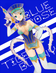 Rule 34 | 10s, artist request, bare shoulders, blue eyes, blue hair, blue rose (tiger &amp; bunny), breasts, cleavage, earrings, elbow gloves, fingernails, gloves, gun, jewelry, karina lyle, lipstick, makeup, thighhighs, tiger &amp; bunny, weapon