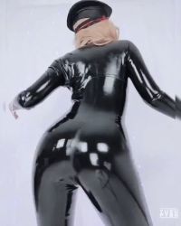 Rule 34 | 1girl, animated, animated gif, ass, ass shake, black bodysuit, blonde hair, bodysuit, boku no hero academia, cosplay, dancing, from behind, hat, huge ass, latex, latex bodysuit, peaked cap, photo (medium), real life, shiny clothes, short hair, solo, utsushimi kemii, utsushimi kemii (cosplay), yuzu pyon, zipper