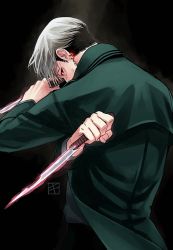 Rule 34 | 1boy, chainsaw man, earrings, facial hair, glowing, glowing eye, glowing weapon, green jacket, holding, holding weapon, jacket, jewelry, kishibe (chainsaw man), kitunejima, knife, long sleeves, looking at viewer, looking back, piercing, red eyes, scar, scar on face, short hair, shueisha, sideburns, sleeves past elbows, smoke, solo, stitched mouth, stitches, stubble, undercut, weapon, white hair
