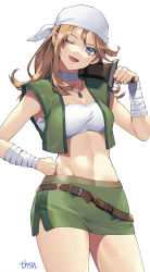 Rule 34 | 1girl, artist name, bandages, bandana, blonde hair, blue eyes, breasts, buckle, cleavage, cowboy shot, cropped jacket, green jacket, green skirt, hand on own hip, head tilt, headdress, highres, holding, holding weapon, jacket, jewelry, knife, leather belt, long hair, medium breasts, midriff, miniskirt, murata tefu, navel, necklace, one eye closed, open mouth, side slit, simple background, skirt, smile, solo, strapless, terra (ys), thighs, tube top, weapon, white background, ys, ys vi ark of napishtim