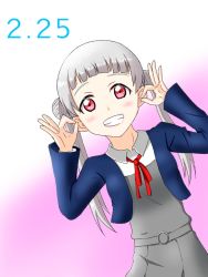 Rule 34 | 1girl, arashi chisato, artist name, artist request, belt, blue cardigan, blue jacket, blush, bow, bowtie, breasts, buttons, cardigan, collared shirt, cropped jacket, double bun, double ok sign, dress, dress shirt, female focus, grey belt, grey shirt, grey skirt, hair bun, hair tie, jacket, long hair, long sleeves, looking at viewer, love live!, love live! superstar!!, miniskirt, neck ribbon, o-ring, o-ring belt, ok sign, parted lips, pink background, plaid, plaid skirt, pleated, pleated skirt, red bow, red eyes, red ribbon, ribbon, school uniform, shirt, skirt, small breasts, smile, solo, twintails, white background, white hair, white shirt, wing collar, yuigaoka school uniform