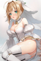 Rule 34 | 1girl, absurdres, ahoge, bad id, bad pixiv id, belt, blonde hair, breasts, bridal veil, chain, cleavage, commentary request, dress, fate/grand order, fate (series), flower, green eyes, hair intakes, highres, ishida umi, large breasts, lock, looking at viewer, nero claudius (bride) (fate), nero claudius (bride) (second ascension) (fate), nero claudius (fate), nero claudius (fate) (all), padlock, ribbon, smile, solo, thighhighs, veil, zipper
