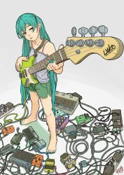 Rule 34 | 1girl, :p, alternate costume, amplifier, bare arms, bare legs, bare shoulders, barefoot, bass guitar, cable, camisole, casual, cellphone, closed mouth, collarbone, drawstring, electric guitar, electric plug, fender jazz bass, fingernails, foreshortening, full body, green eyes, green hair, green nails, guitar, half-closed eyes, hatsune miku, head tilt, holding, holding instrument, instrument, long hair, looking at viewer, nail polish, parted bangs, phone, shima (landsuzume), shorts, smartphone, solo, sweat, toenail polish, toenails, toes, tongue, tongue out, twintails, very long hair, vocaloid