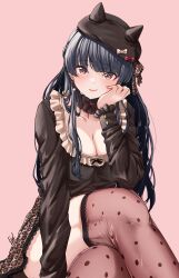 Rule 34 | 1girl, absurdres, animal print, ass, beret, black hair, black hat, black shirt, blunt bangs, blush, breasts, buttoned cuffs, buttons, choker, cleavage, collarbone, crossed legs, endo yohane, fake horns, frilled choker, frilled sleeves, frills, hand on own cheek, hand on own face, hat, highres, horned headwear, horns, idolmaster, idolmaster shiny colors, large breasts, leopard print, long sleeves, looking at viewer, mayuzumi fuyuko, pink background, polka dot thighhighs, print skirt, shirt, simple background, skirt, smile, solo, thick thighs, thighs