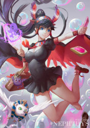 Rule 34 | 1girl, bag, barefoot, black hair, blue eyes, bread slice, breasts, cellphone, cleavage, covered navel, dress, eyeliner, food, hengct, king baddie (p&amp;d), long hair, makeup, nephthys (p&amp;d), no socks, phone, ponytail, puzzle &amp; dragons, school bag, shoe loss, shoes, single shoe, smile, solo, sphinx (p&amp;d), toast