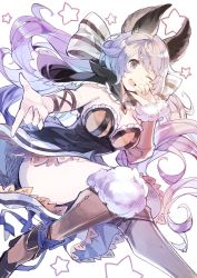 Rule 34 | 1girl, ;d, animal ears, black capelet, blush, boots, breasts, brown footwear, capelet, cleavage, feet out of frame, fur trim, granblue fantasy, hair between eyes, hanokage, highres, large breasts, long hair, looking at viewer, low twintails, one eye closed, open mouth, purple eyes, purple hair, ribbon, satyr (granblue fantasy), simple background, smile, solo, star (symbol), twintails, very long hair, white background