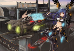 Rule 34 | 1girl, aircraft, airplane, blue hair, blush, breasts, closed mouth, cyborg, eruthika, factory, hand up, highres, holding, jet, long hair, looking at viewer, mechanical arms, medium breasts, original, outdoors, red eyes, revealing clothes, science fiction, single mechanical arm, smile, solo