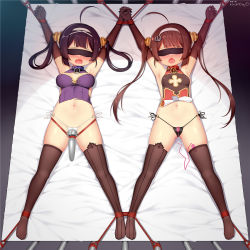 Rule 34 | 2girls, afterimage, ahoge, armpits, arms up, artist name, asymmetrical legwear, azur lane, bare shoulders, bdsm, black gloves, black hair, black legwear, black panties, blindfold, blush, bondage, bound, bound ankles, bound wrists, breasts, breasts apart, brown hair, china dress, chinese clothes, cleavage cutout, clitoral stimulation, clothes lift, clothing cutout, collar, controller, dark, dress, dress lift, egg vibrator, elbow gloves, female focus, from above, full body, gloves, gluteal fold, hair ornament, hair rings, hairband, hitachi magic wand, holding hands, huoji (wonderturkey), interlocked fingers, long hair, lying, medium breasts, mismatched legwear, motion lines, multiple girls, navel, ning hai (azur lane), nose blush, o-ring, o-ring bottom, o-ring panties, on back, on bed, open mouth, outstretched arms, panties, pelvic curtain, pelvic curtain lift, ping hai (azur lane), purple dress, pussy juice, red dress, remote control, remote control vibrator, rope, saliva, see-through, sex toy, side-tie panties, sidelocks, signature, skindentation, sleeveless, sleeveless dress, small breasts, spread legs, stomach, string panties, symmetry, tape, thighhighs, torn clothes, torn dress, twintails, underwear, vibrator, vibrator in thighhighs, wavy mouth, wet, wet clothes, wet panties, white background, white hairband, white panties