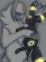 Rule 34 | absol, animal focus, black eyes, claws, closed mouth, colored sclera, creatures (company), fang, game freak, gen 2 pokemon, gen 3 pokemon, glowing, nintendo, no humans, pokemon, pokemon (creature), red eyes, red sclera, signature, smile, soruva 359, umbreon, white hair