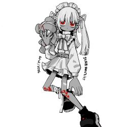 Rule 34 | 1girl, bandaged leg, bandages, bandaid, bandaid on knee, bandaid on leg, belt, belt buckle, bow, bowtie, buckle, dress, foot out of frame, frilled dress, frills, greyscale, hair ribbon, hand up, heart, heart-shaped buckle, highres, holding, holding stuffed toy, long bangs, long hair, long sleeves, looking at viewer, maid headdress, monochrome, original, oshio (shioqqq), red eyes, ribbon, shoes, short dress, simple background, sneakers, solo, spot color, standing, straight hair, stuffed animal, stuffed toy, teddy bear, translation request, two side up, white background