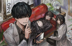 Rule 34 | 1girl, 2boys, black coat, black eyes, black gloves, black hair, black pants, black shirt, book, bubble, cellphone, clock, closed eyes, coat, collared shirt, couch, crossed arms, daenarys, drawing on another&#039;s face, finger to mouth, full body, gloves, grin, han sooyoung, hand up, holding, holding pen, holding phone, indoors, kim dokja, long sleeves, lying, multiple boys, omniscient reader&#039;s viewpoint, on back, pants, pen, phone, shirt, short hair, shushing, sleeping, smile, squatting, white coat, yoo joonghyuk