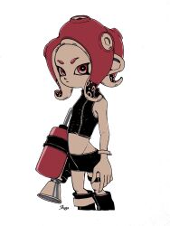 Rule 34 | 1girl, agent 8 (splatoon), arms at sides, artist name, bare shoulders, black footwear, black hair, black shirt, black skirt, boots, bracelet, breasts, bright pupils, closed mouth, colored tips, crop top, female focus, forehead, groin, highres, holding, holding weapon, jewelry, looking at viewer, matching hair/eyes, midriff, miniskirt, multicolored hair, nintendo, octoling, octoling girl, octoling player character, octoshot (splatoon), pale skin, pencil skirt, purple eyes, purple hair, shirt, shogo (shogo70449442), short hair, sidelocks, signature, simple background, skirt, sleeveless, sleeveless shirt, small breasts, solo, splatoon (series), splatoon 2, splatoon 2: octo expansion, standing, stomach, suction cups, tentacle hair, tentacles, two-tone hair, v-shaped eyebrows, weapon, white background, white pupils, zipper